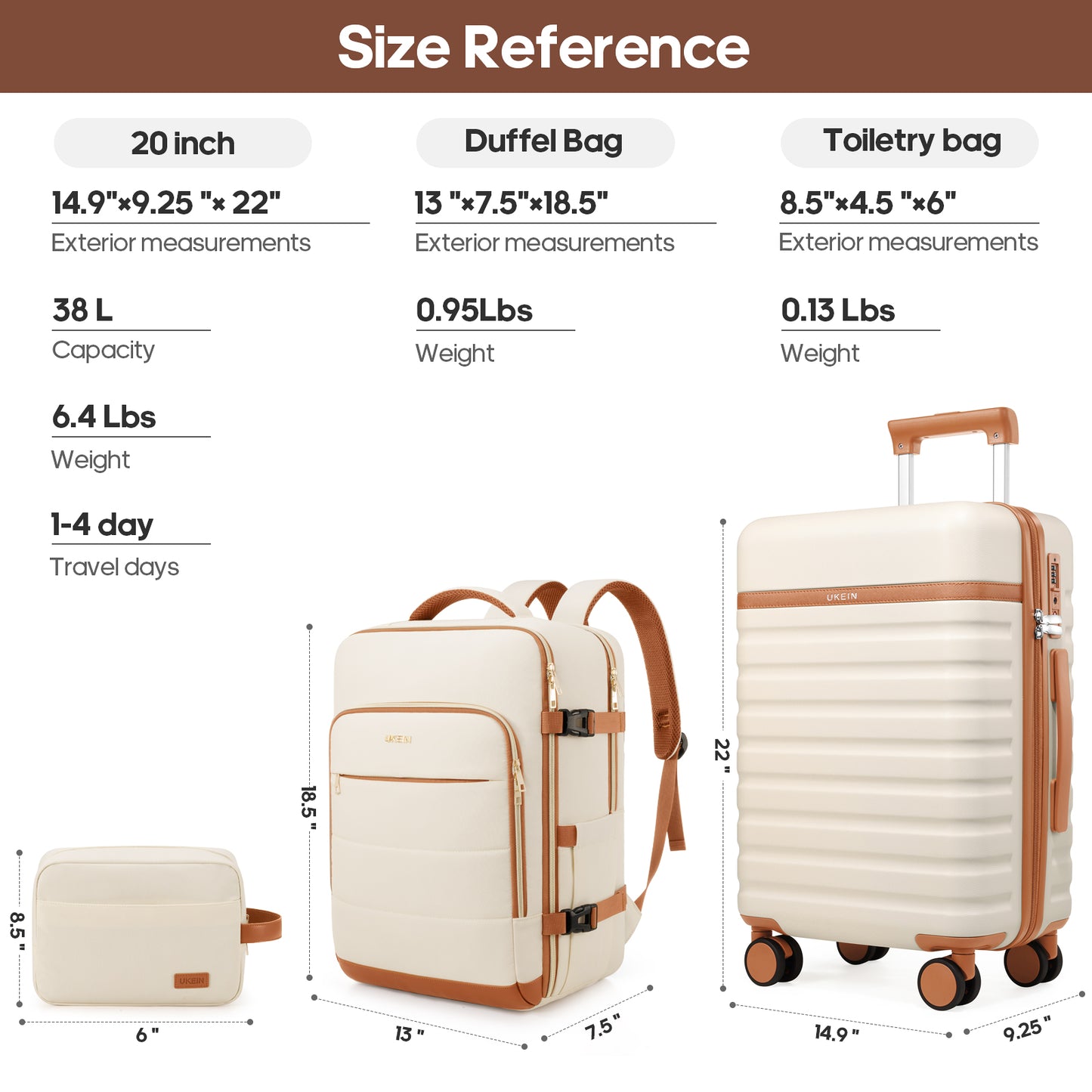 UKEIN Carry On Luggage Airline Approved, 100% PC Luggage Sets with YKK Zipper Spinner Wheels, 20 Inch Carry On Suitcases with Backpack for Men Women