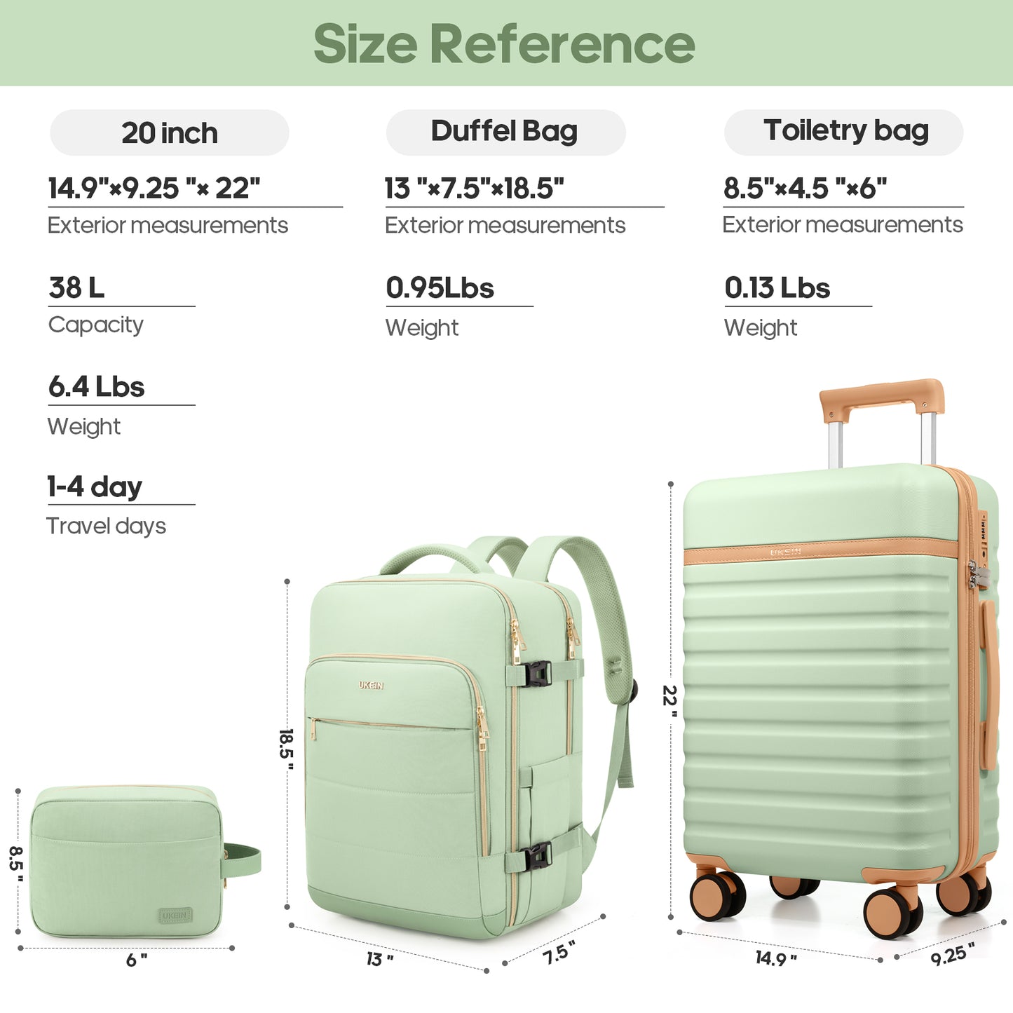 UKEIN Carry On Luggage Airline Approved, 100% PC Luggage Sets with YKK Zipper Spinner Wheels, 20 Inch Carry On Suitcases with Backpack for Men Women