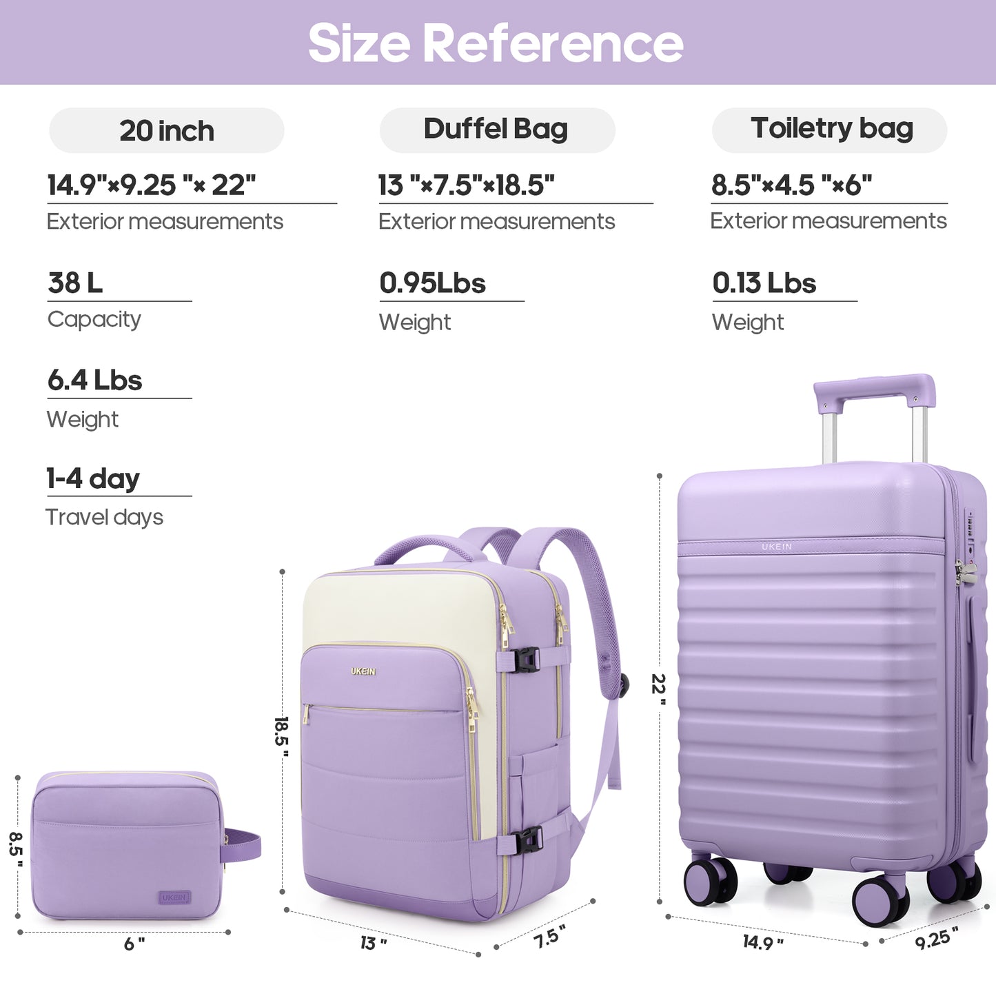 UKEIN Carry On Luggage Airline Approved, 100% PC Luggage Sets with YKK Zipper Spinner Wheels, 20 Inch Carry On Suitcases with Backpack for Men Women
