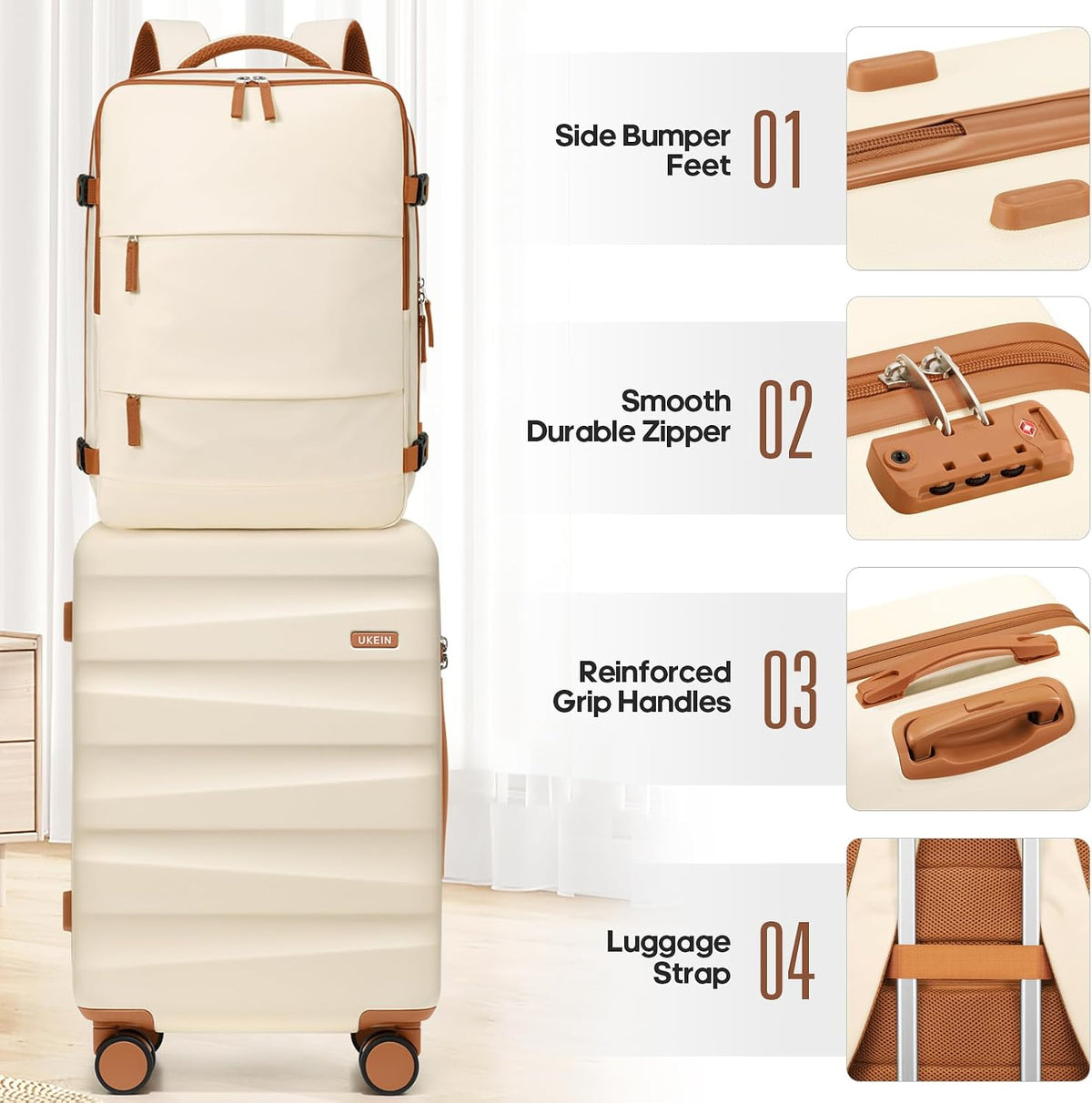 UKEIN Carry on Luggage Airline Approved 100% PC Hard Shell Carry On Suitcase with YKK Zipper Spinner Wheels TSA Lock Carry on with Backpack Set