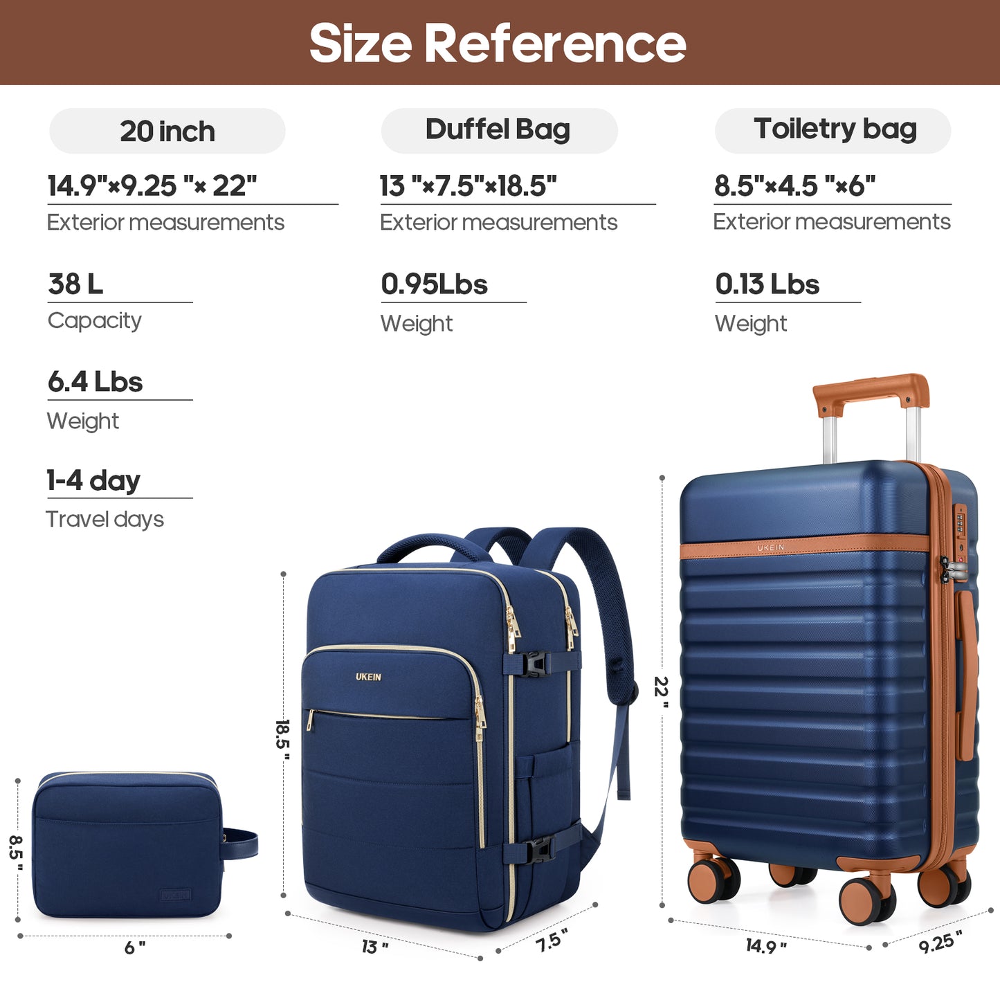 UKEIN Carry On Luggage Airline Approved, 100% PC Luggage Sets with YKK Zipper Spinner Wheels, 20 Inch Carry On Suitcases with Backpack for Men Women