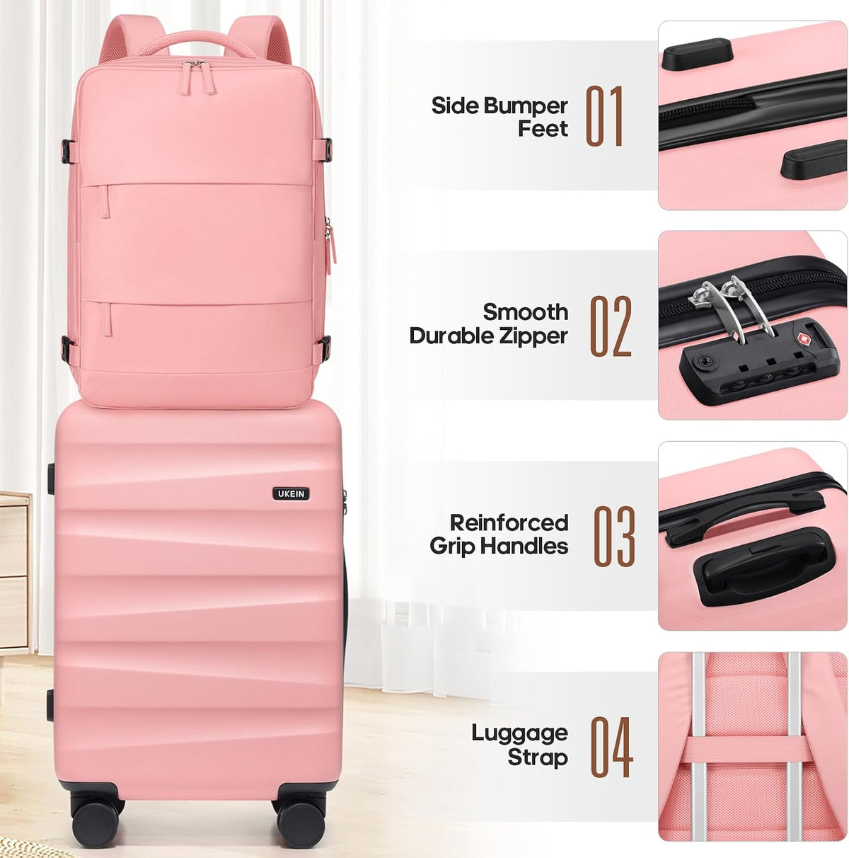 UKEIN Carry on Luggage Airline Approved 100% PC Hard Shell Carry On Suitcase with YKK Zipper Spinner Wheels TSA Lock Carry on with Backpack Set