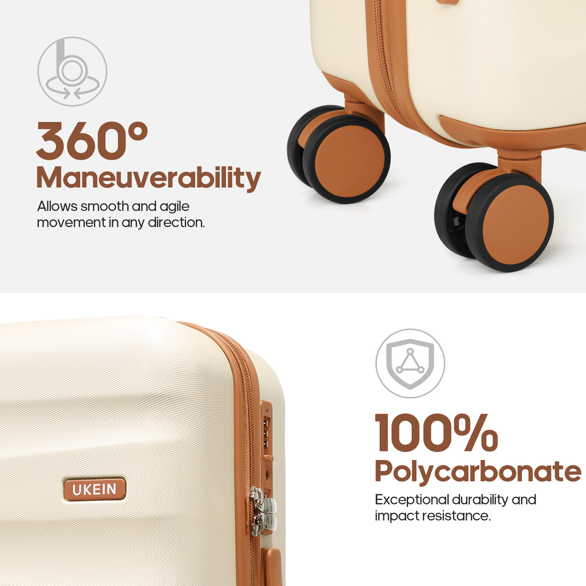 UKEIN Carry on Luggage Airline Approved 100% PC Hard Shell Carry On Suitcase with YKK Zipper Spinner Wheels TSA Lock Carry on with Backpack Set