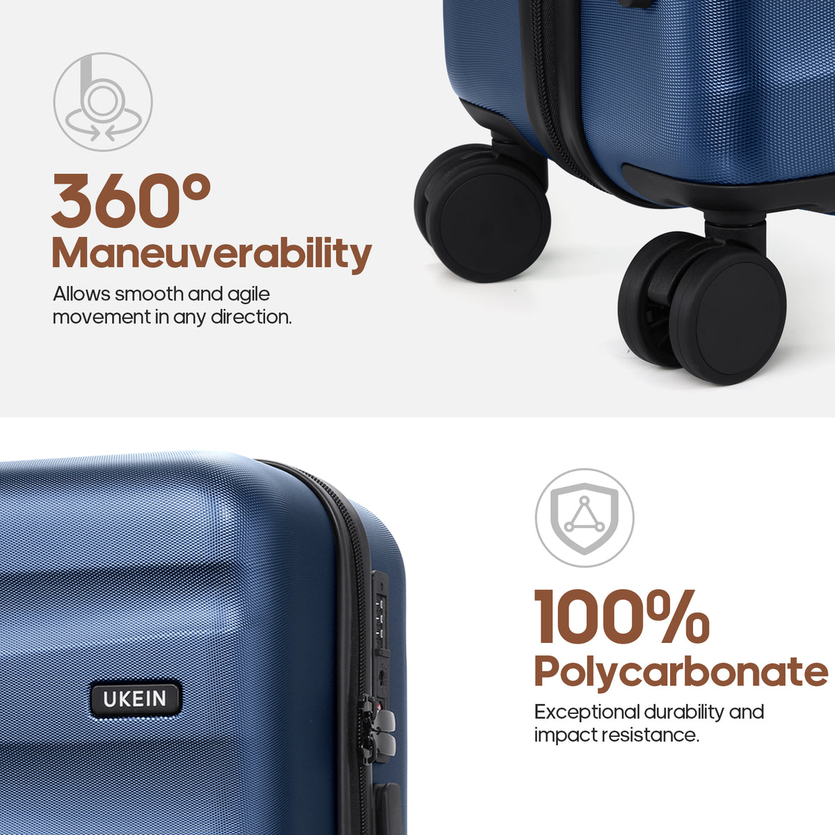 UKEIN Carry on Luggage Airline Approved 100% PC Hard Shell Carry On Suitcase with YKK Zipper Spinner Wheels TSA Lock Carry on with Backpack Set