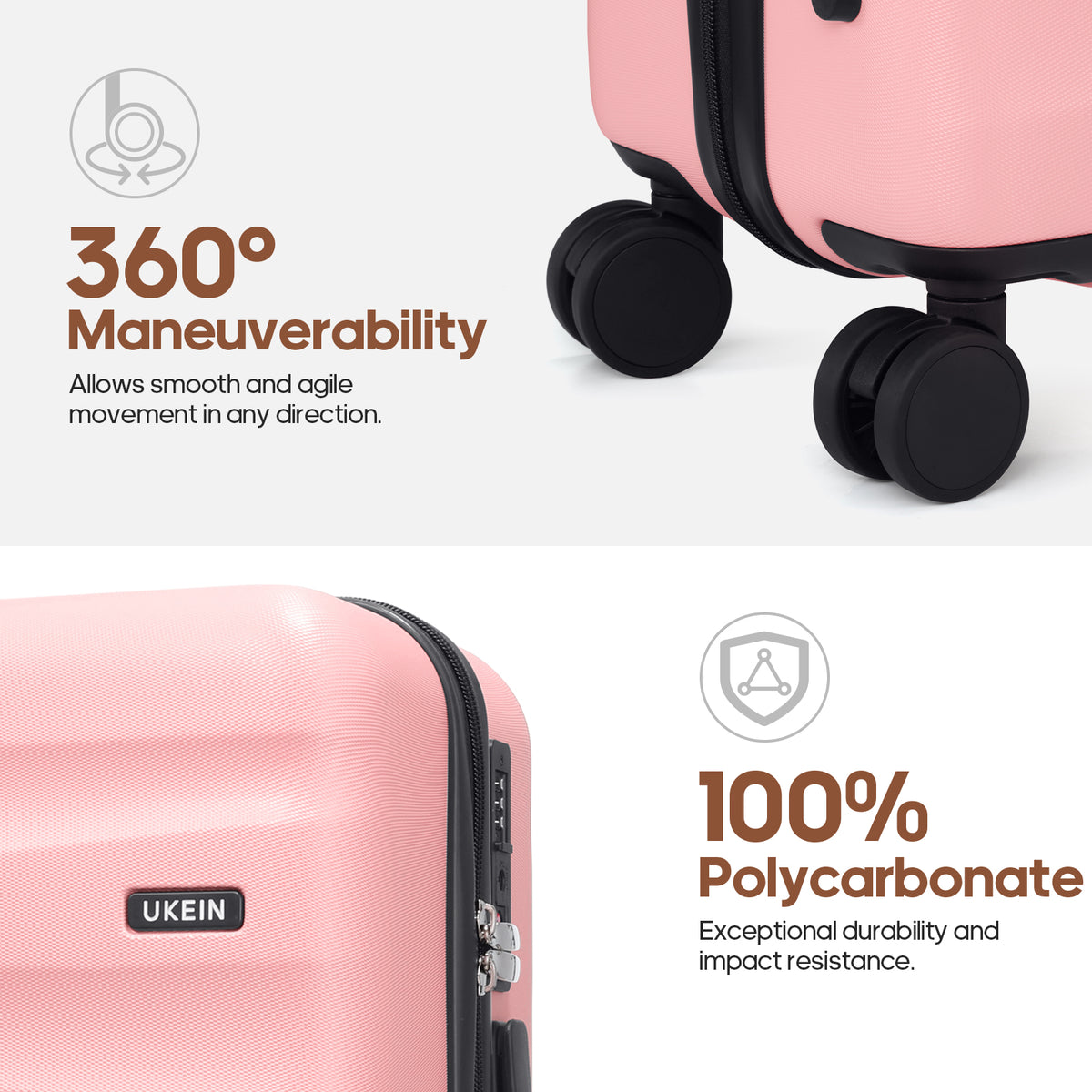 UKEIN Carry on Luggage Airline Approved 100% PC Hard Shell Carry On Suitcase with YKK Zipper Spinner Wheels TSA Lock Carry on with Backpack Set