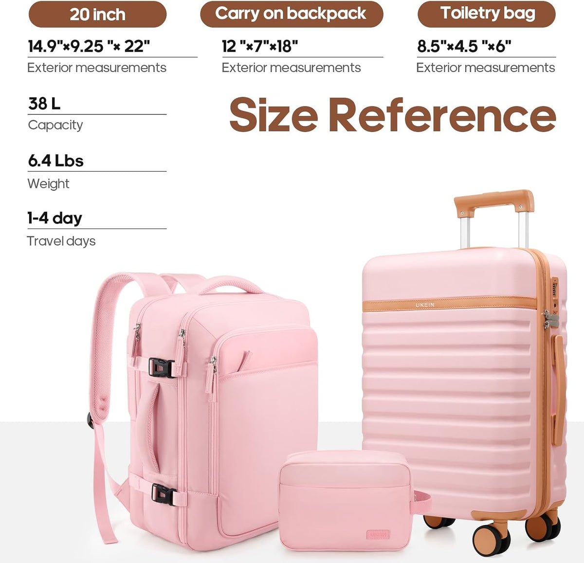 UKEIN Luggage Sets 3 Piece, Carry On Luggage with Wheels, 20 Inch Hardshell Suitcase with TSA Lock, 100% PC Carry On Suitcases Airline Approved With Travel Backpack for Men Women