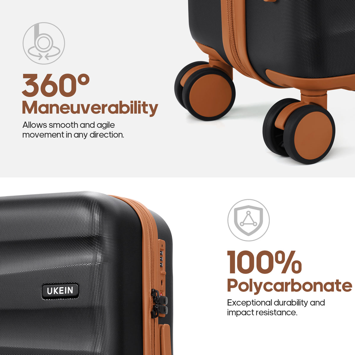 UKEIN Carry on Luggage Airline Approved 100% PC Hard Shell Carry On Suitcase with YKK Zipper Spinner Wheels TSA Lock Carry on with Backpack Set