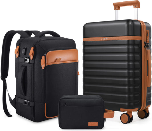 UKEIN Luggage Sets 3 Piece, Carry On Luggage with Wheels, 20 Inch Hardshell Suitcase with TSA Lock, 100% PC Carry On Suitcases Airline Approved With Travel Backpack for Men Women