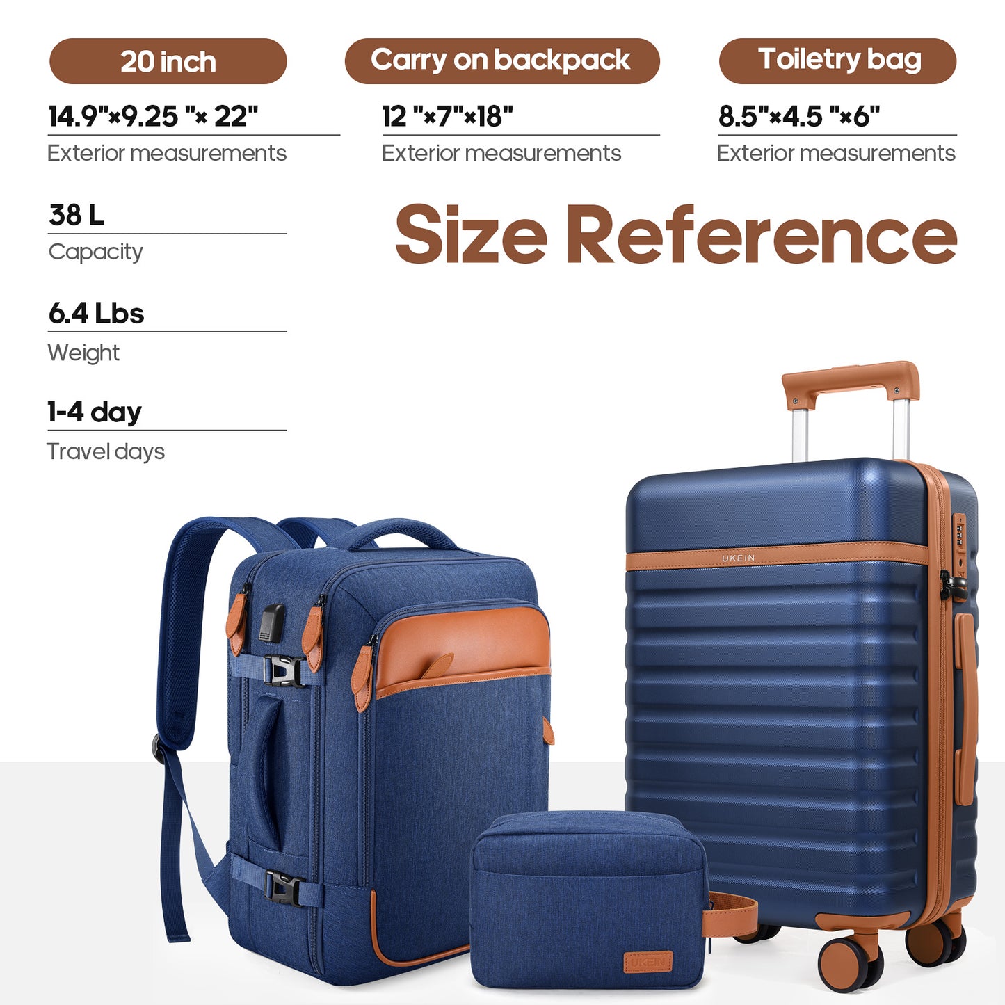 UKEIN Luggage Sets 3 Piece, Carry On Luggage with Wheels, 20 Inch Hardshell Suitcase with TSA Lock, 100% PC Carry On Suitcases Airline Approved With Travel Backpack for Men Women