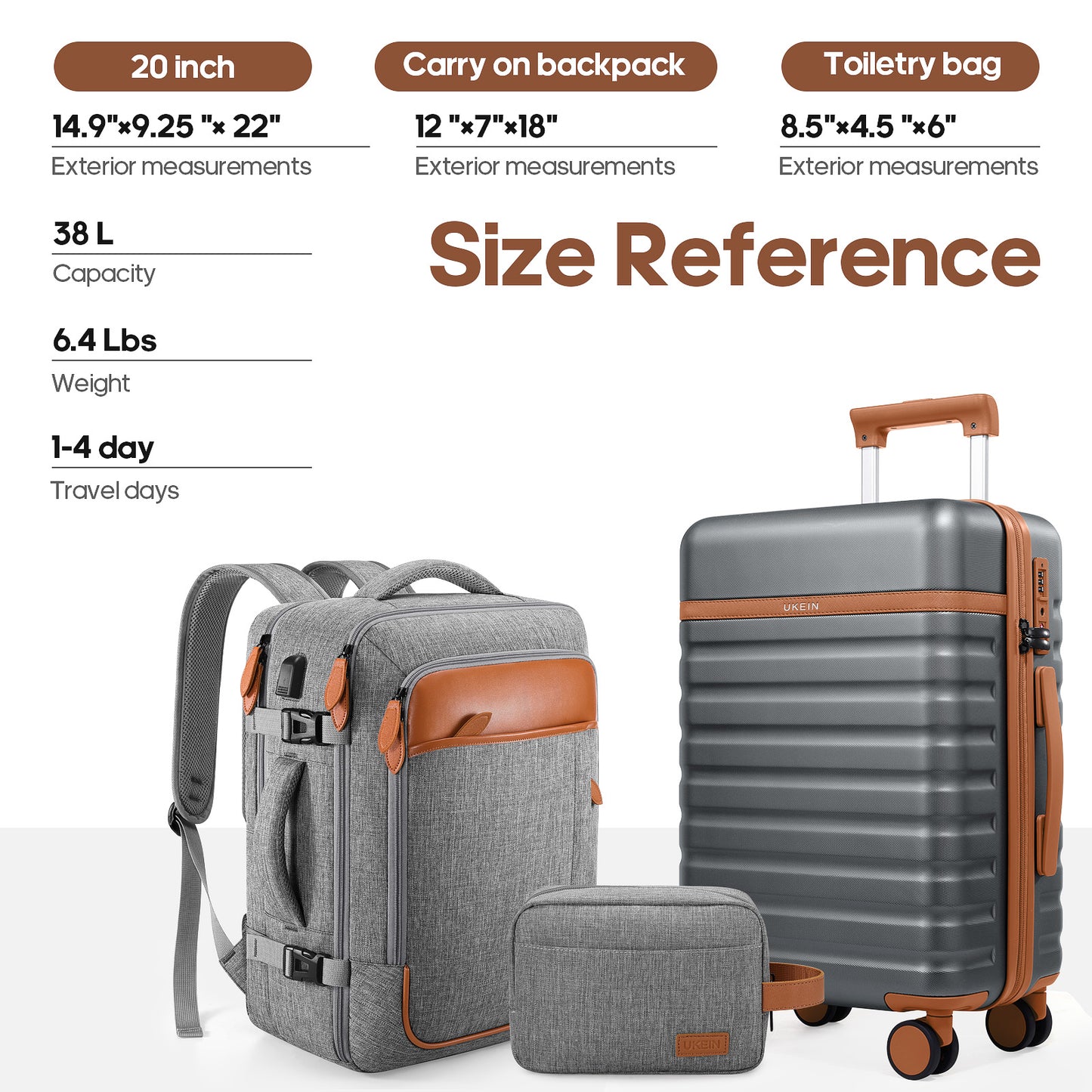 UKEIN Luggage Sets 3 Piece, Carry On Luggage with Wheels, 20 Inch Hardshell Suitcase with TSA Lock, 100% PC Carry On Suitcases Airline Approved With Travel Backpack for Men Women