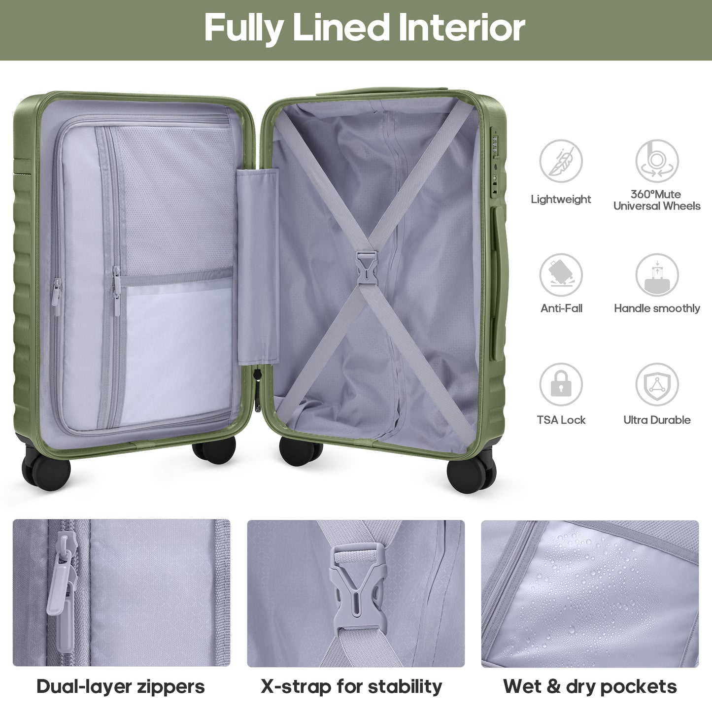UKEIN Carry On Luggage Airline Approved, 100% PC Luggage Sets with YKK Zipper Spinner Wheels, 20 Inch Carry On Suitcases with Backpack for Men Women