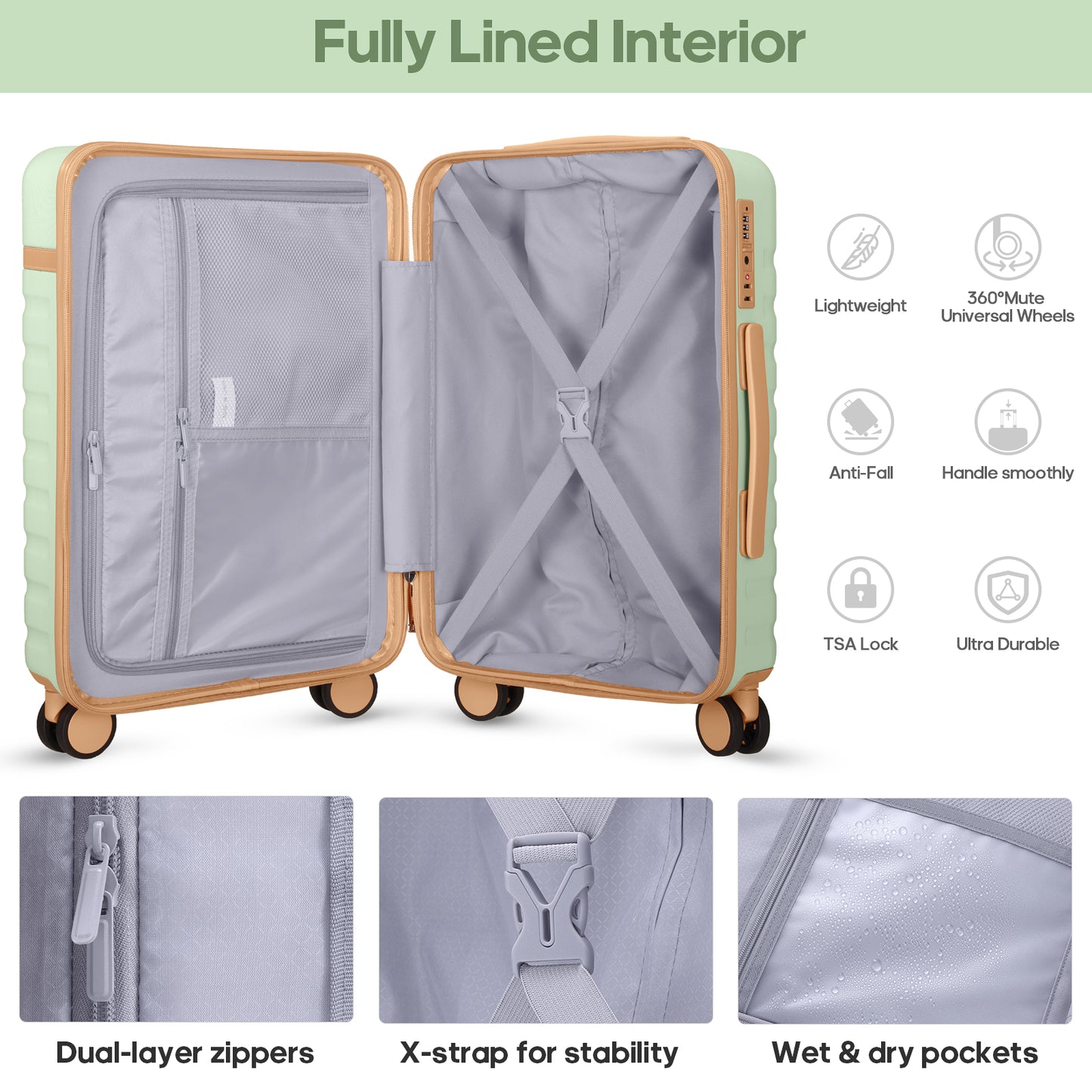 UKEIN Carry On Luggage Airline Approved, 100% PC Luggage Sets with YKK Zipper Spinner Wheels, 20 Inch Carry On Suitcases with Backpack for Men Women