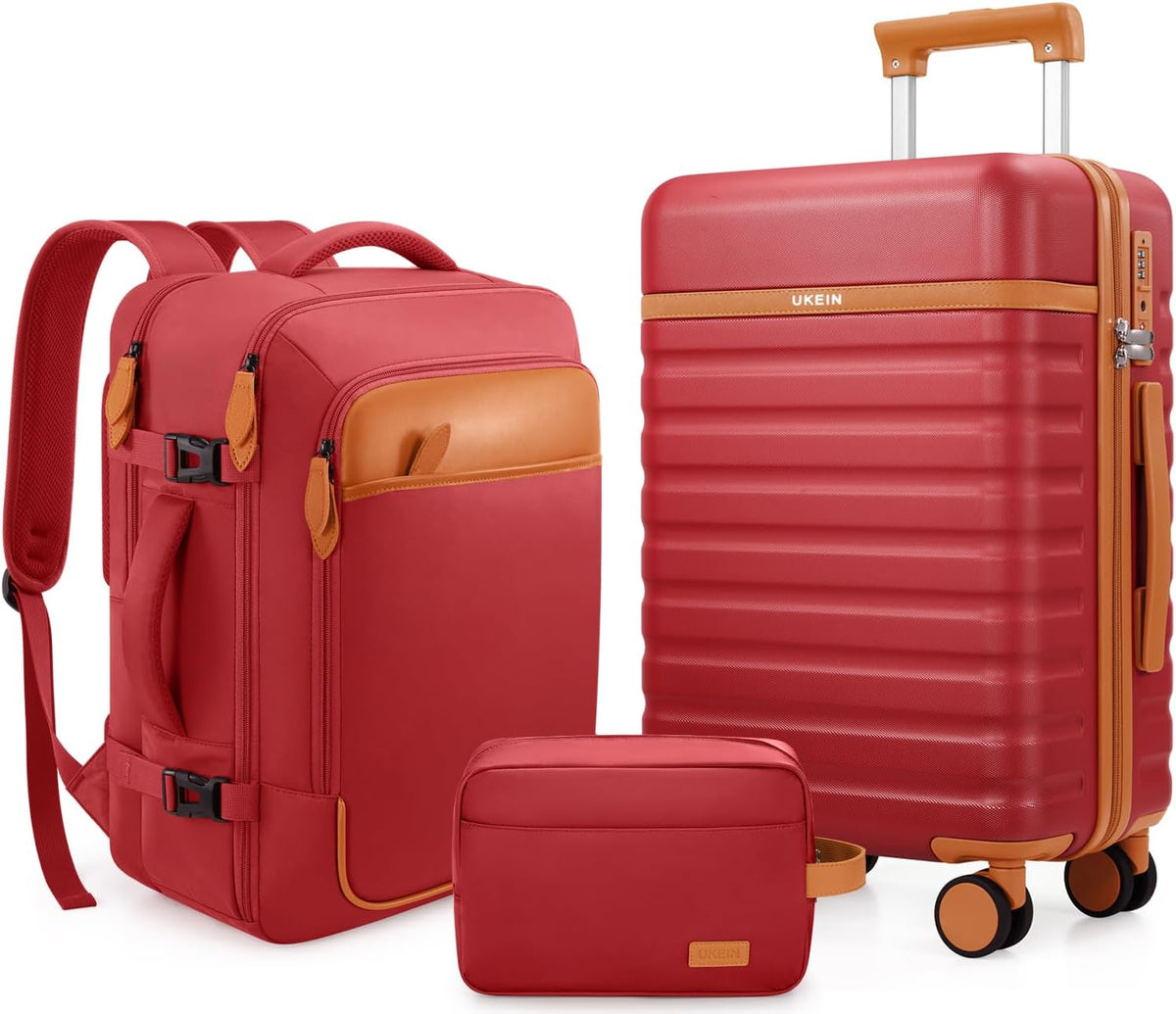 UKEIN Luggage Sets 3 Piece, Carry On Luggage with Wheels, 20 Inch Hardshell Suitcase with TSA Lock, 100% PC Carry On Suitcases Airline Approved With Travel Backpack for Men Women