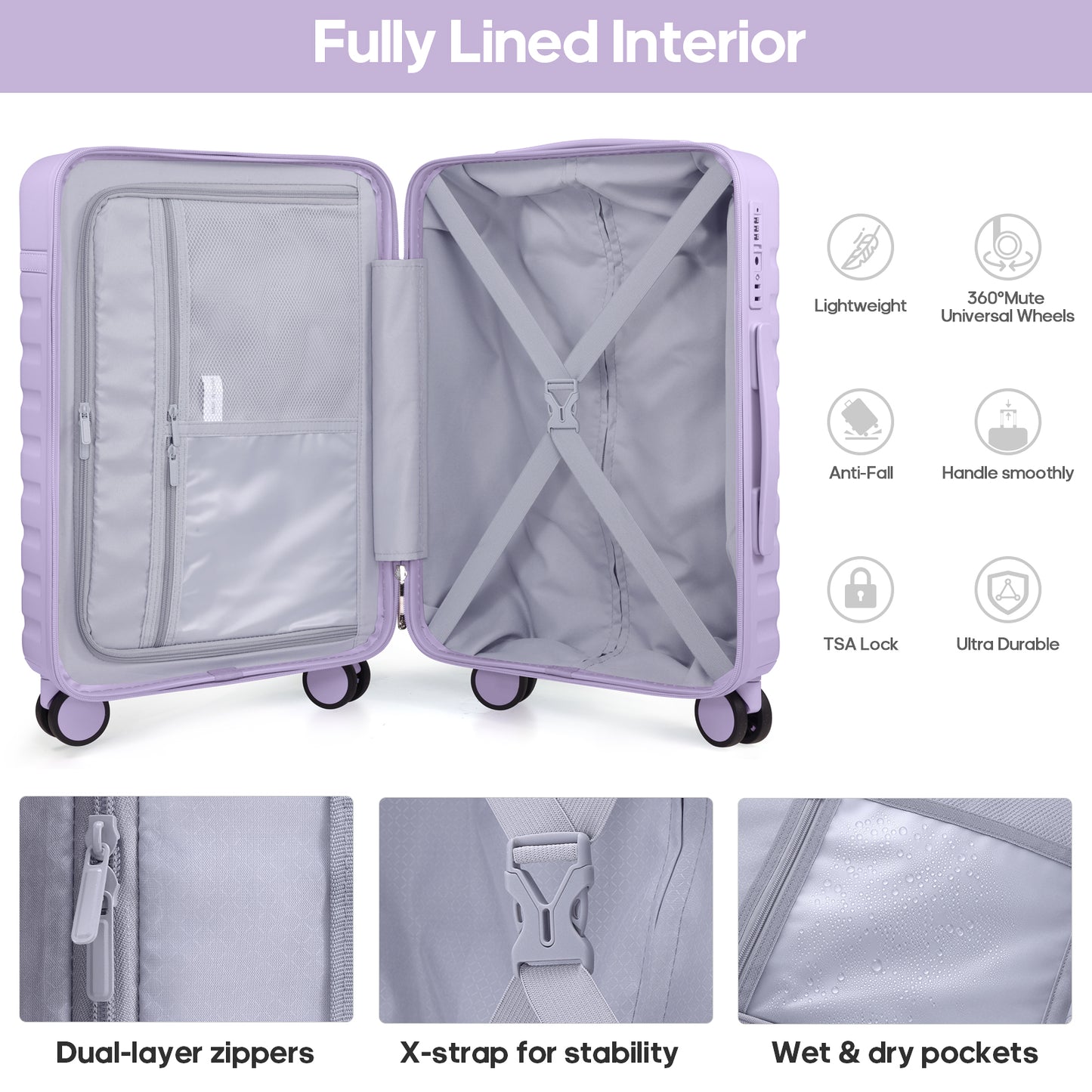 UKEIN Carry On Luggage Airline Approved, 100% PC Luggage Sets with YKK Zipper Spinner Wheels, 20 Inch Carry On Suitcases with Backpack for Men Women