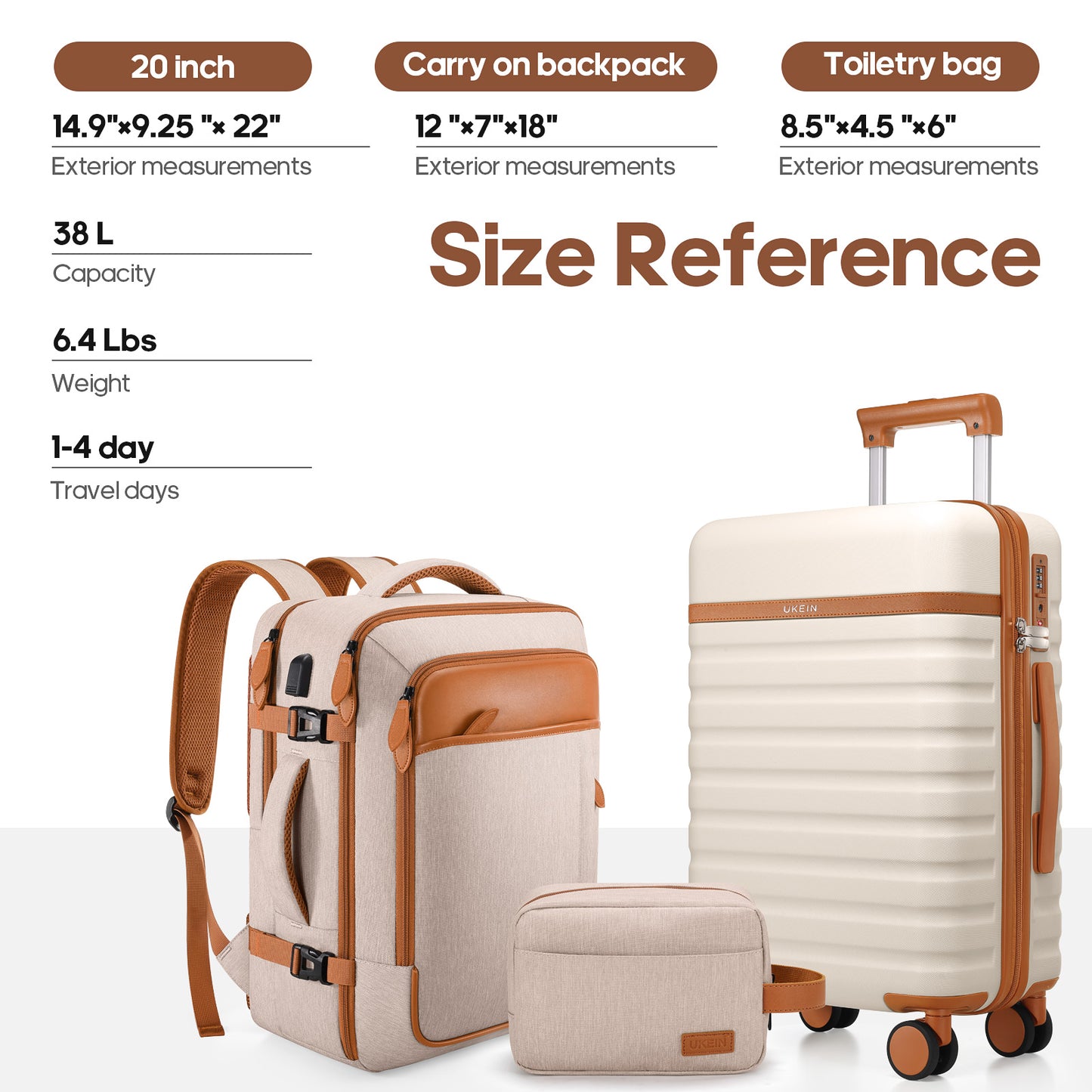 UKEIN Luggage Sets 3 Piece, Carry On Luggage with Wheels, 20 Inch Hardshell Suitcase with TSA Lock, 100% PC Carry On Suitcases Airline Approved With Travel Backpack for Men Women