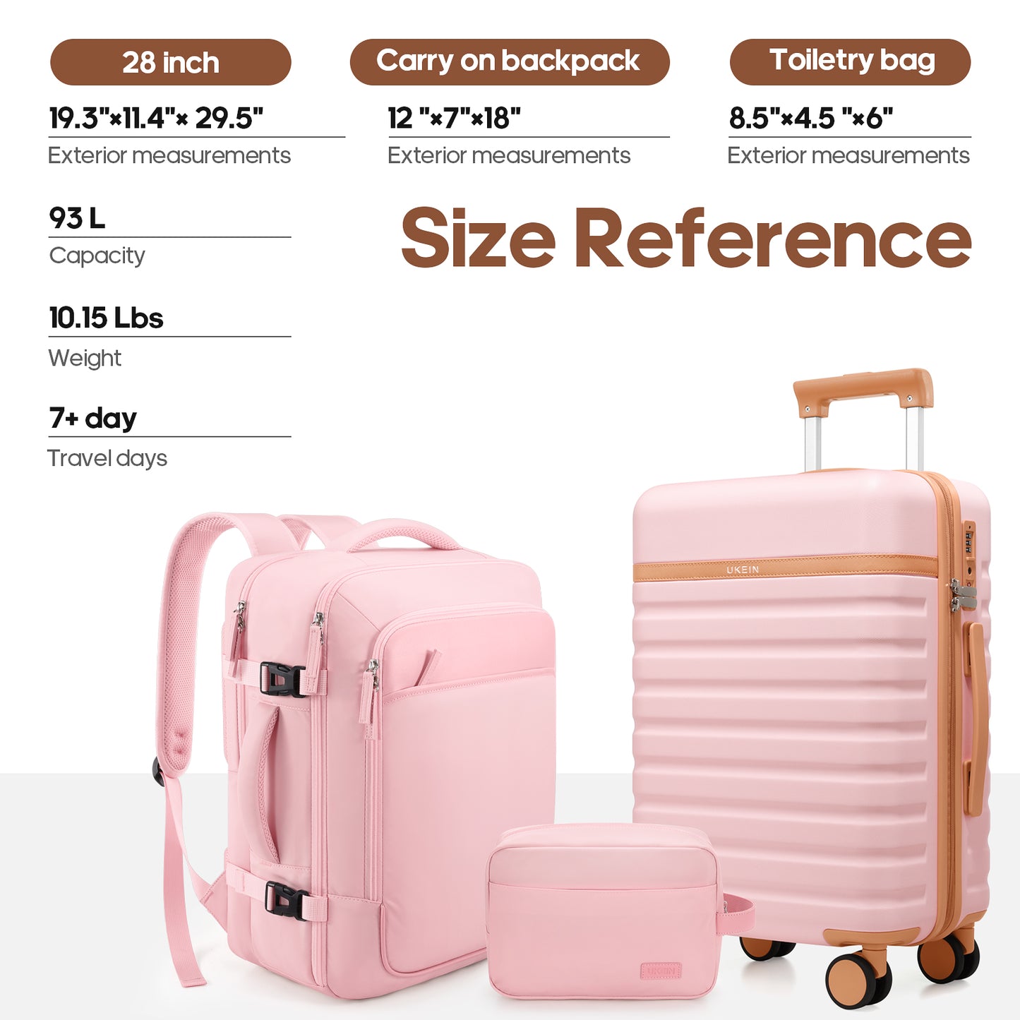 UKEIN Luggage Sets 3 Piece, Carry On Luggage with Wheels, 28 Inch Hardshell Suitcase with TSA Lock, 100% PC Carry On Suitcases Airline Approved With Travel Backpack for Men Women