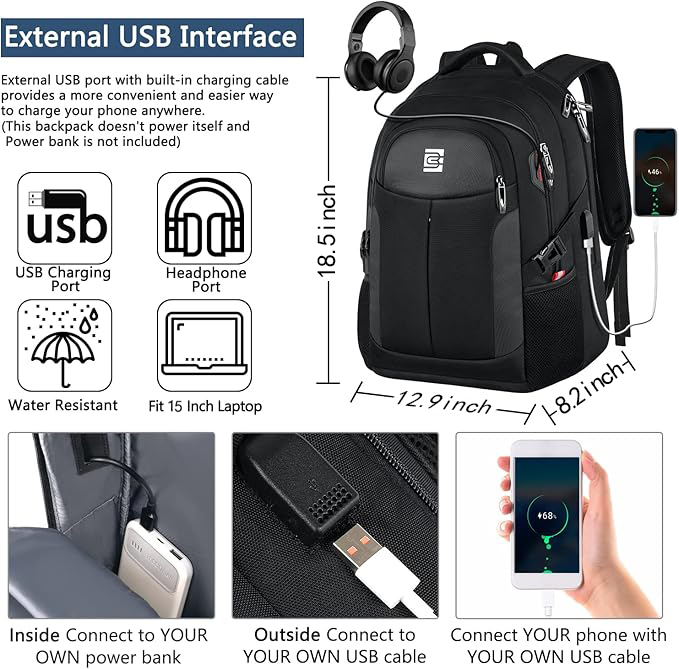 UKEIN Backpack for Adults Black Backpack with USB Charging Port Laptop Backpack Water Resistant Work Business Backpack for Men