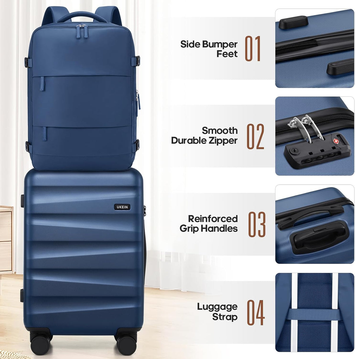 UKEIN Carry on Luggage Airline Approved 100% PC Hard Shell Carry On Suitcase with YKK Zipper Spinner Wheels TSA Lock Carry on with Backpack Set