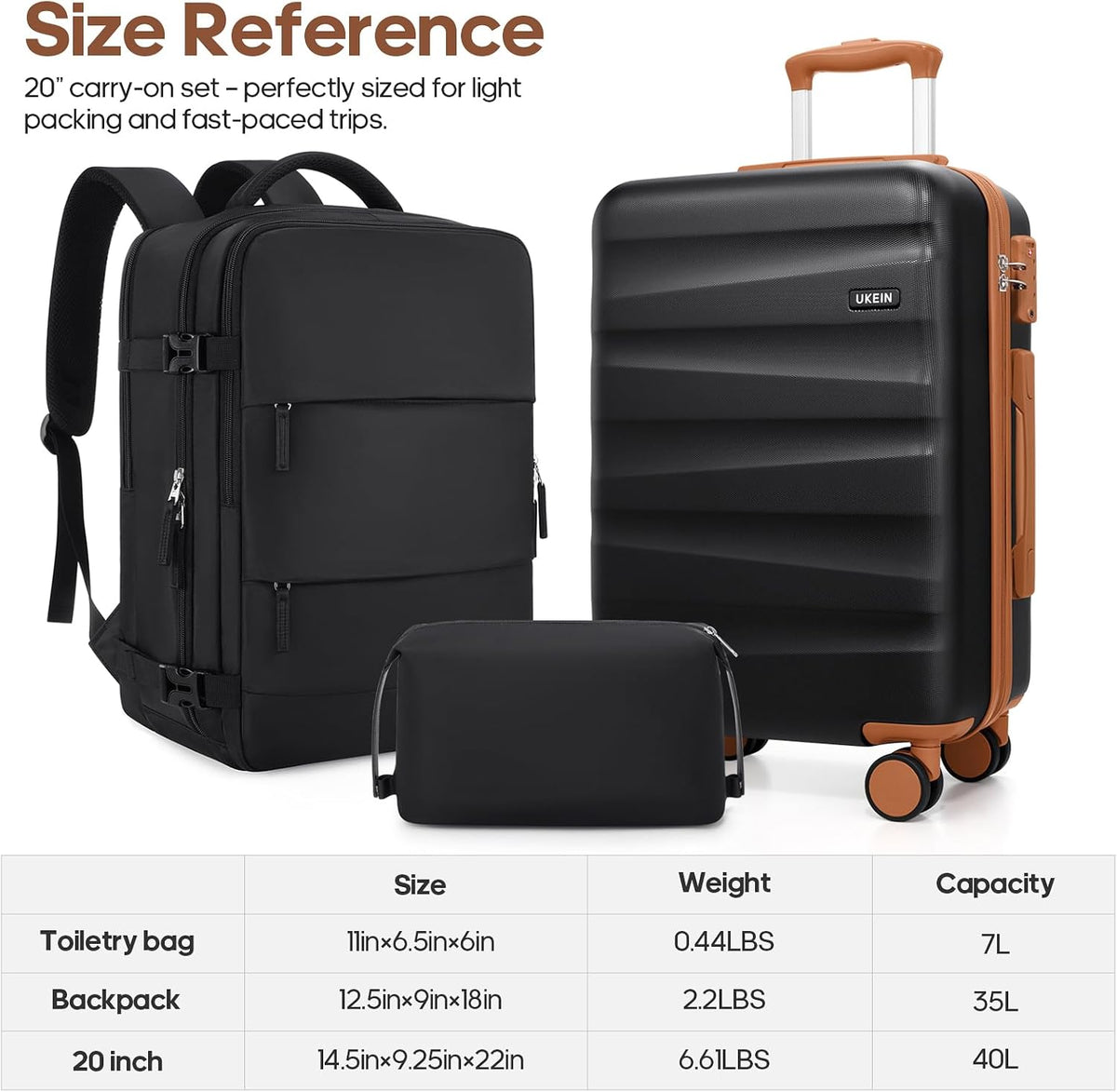UKEIN Carry on Luggage Airline Approved 100% PC Hard Shell Carry On Suitcase with YKK Zipper Spinner Wheels TSA Lock Carry on with Backpack Set