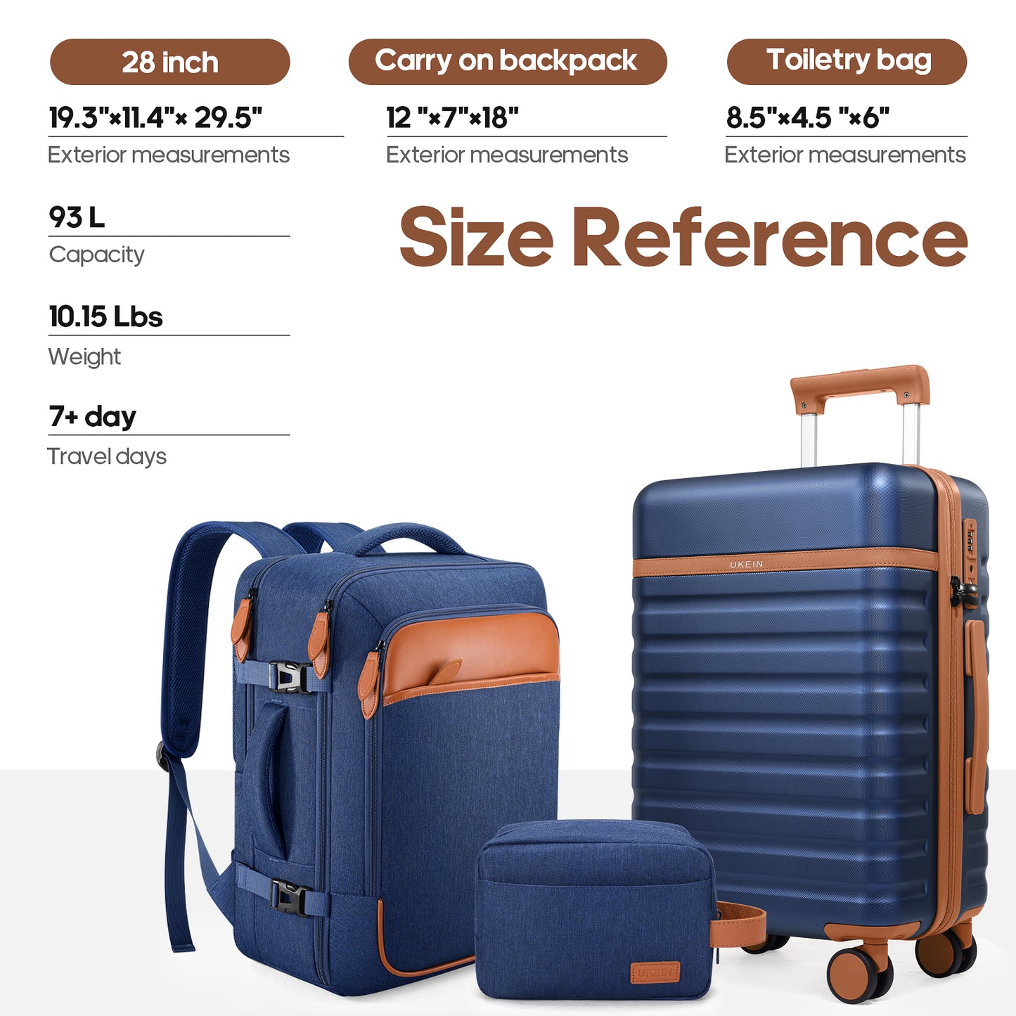 UKEIN Luggage Sets 3 Piece, Carry On Luggage with Wheels, 28 Inch Hardshell Suitcase with TSA Lock, 100% PC Carry On Suitcases Airline Approved With Travel Backpack for Men Women