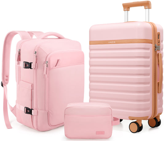UKEIN Luggage Sets 3 Piece, Carry On Luggage with Wheels, 24 Inch Hardshell Suitcase with TSA Lock, 100% PC Carry On Suitcases Airline Approved With Travel Backpack for Men Women