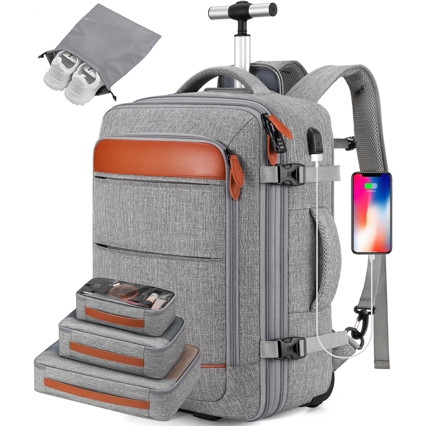 UKEIN Rolling Backpack for Adults with Wheels Backpack with Wheels with USB Charging Port & Combination Lock Roller Backpack with Packing Cubes and Shoe Pocket