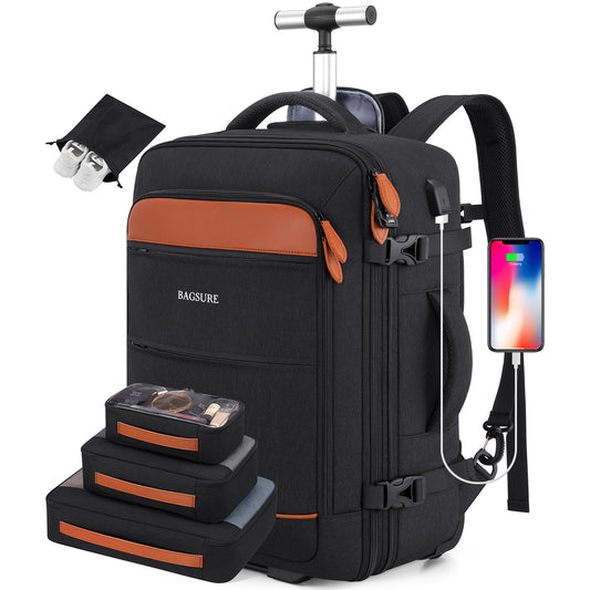 UKEIN Rolling Backpack for Adults with Wheels Backpack with Wheels with USB Charging Port & Combination Lock Roller Backpack with Packing Cubes and Shoe Pocket