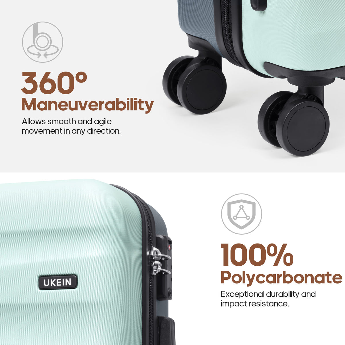 UKEIN Carry on Luggage Airline Approved 100% PC Hard Shell Carry On Suitcase with YKK Zipper Spinner Wheels TSA Lock Carry on with Backpack Set
