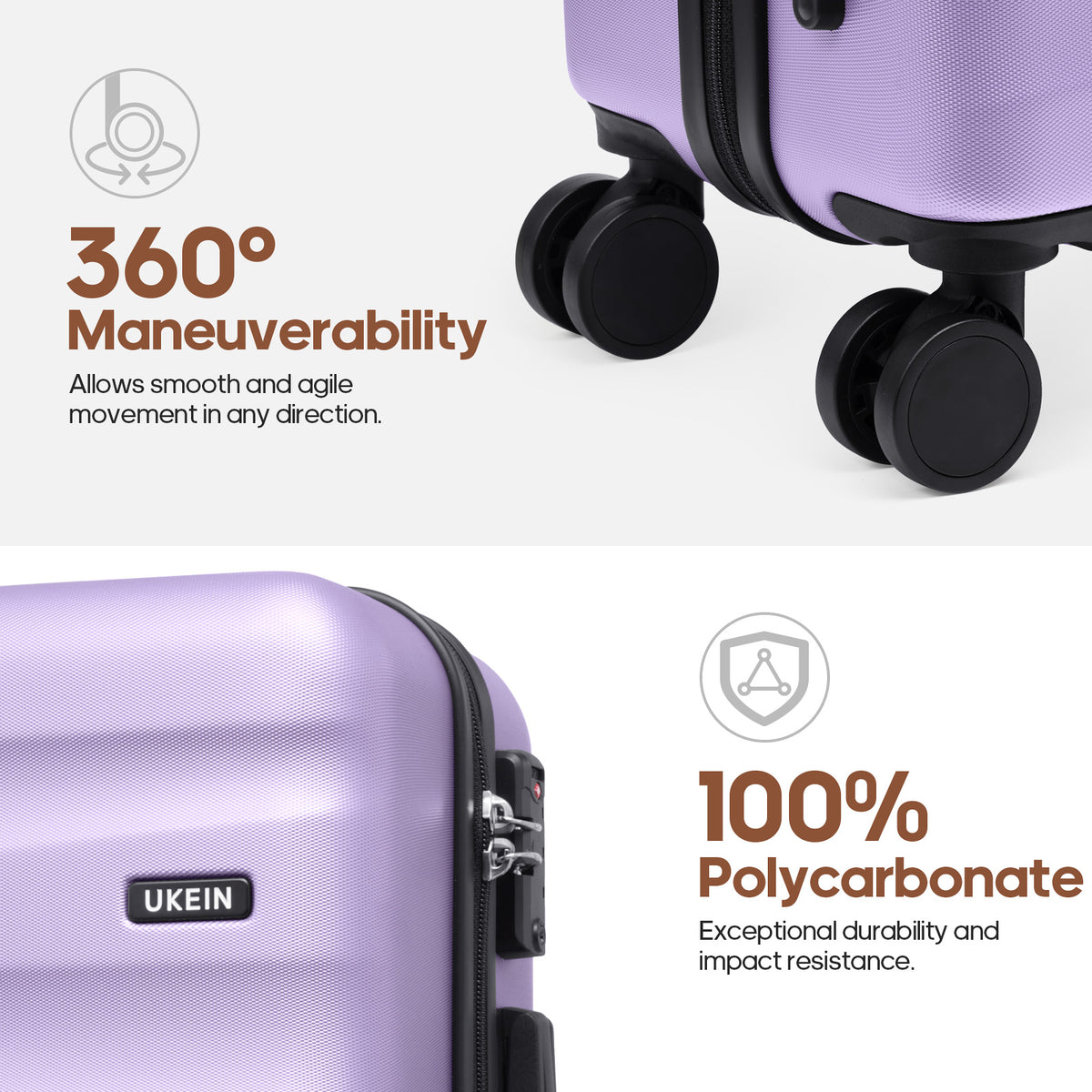 UKEIN Carry on Luggage Airline Approved 100% PC Hard Shell Carry On Suitcase with YKK Zipper Spinner Wheels TSA Lock Carry on with Backpack Set