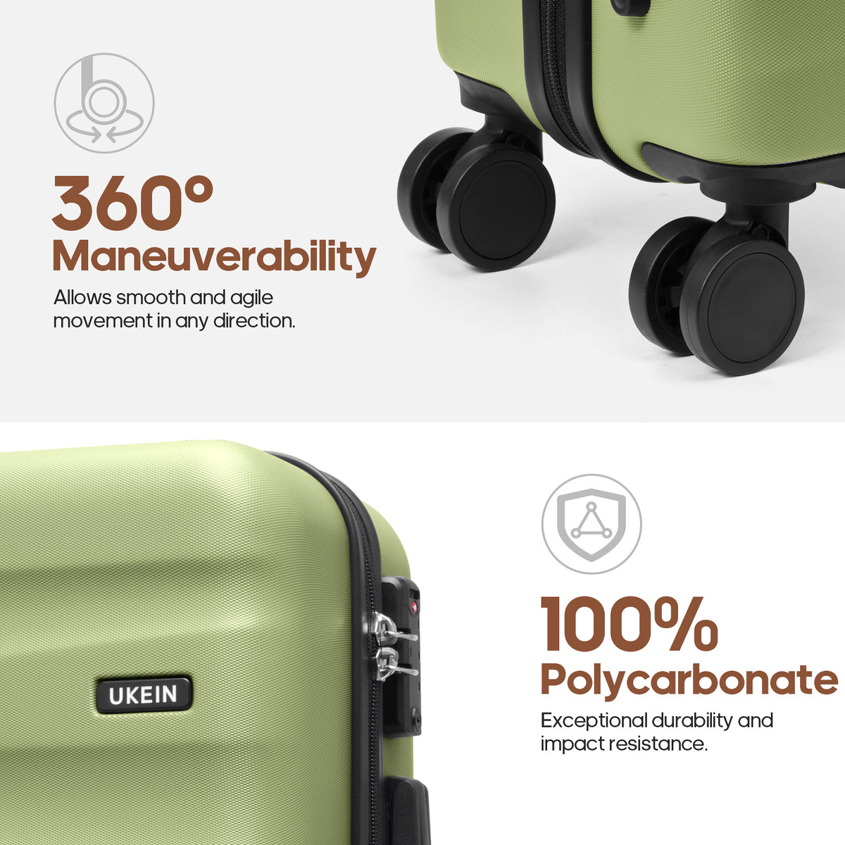 UKEIN Carry on Luggage Airline Approved 100% PC Hard Shell Carry On Suitcase with YKK Zipper Spinner Wheels TSA Lock Carry on with Backpack Set