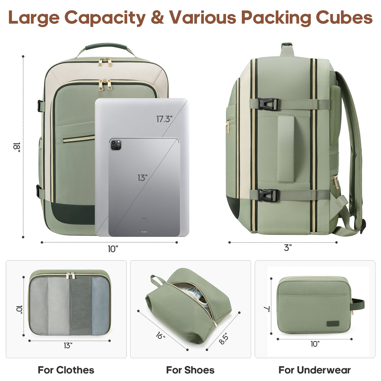 UKEIN Travel Backpack for Women Carry On Backpack Flight Approved 40L Personal Item Backpack Water Proof Backpack with Packing Cubes and Shoe Pocket