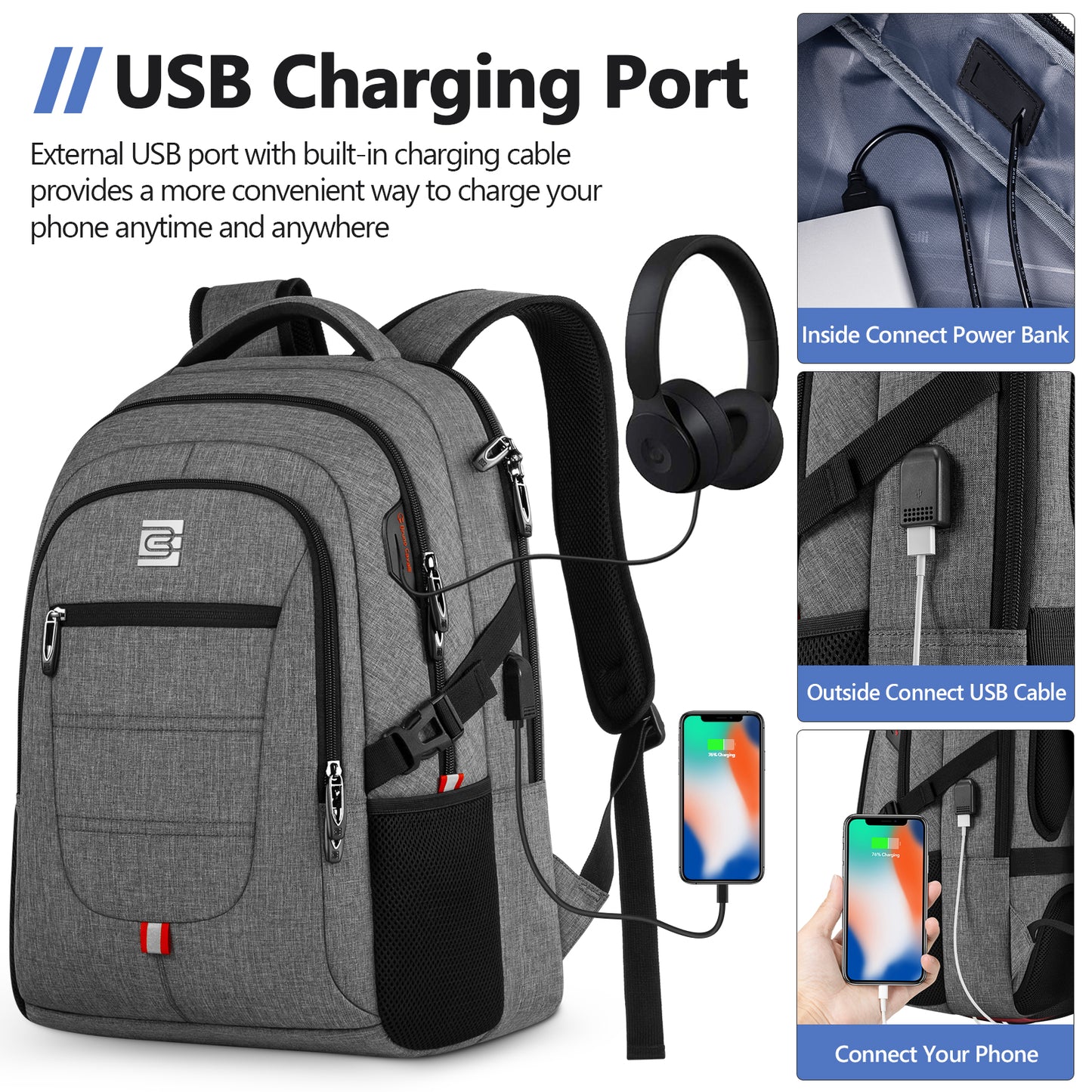 UKEIN Laptop Backpack with USB Charging Port Water Resistant Travel Work Business Laptop Backpack for Men
