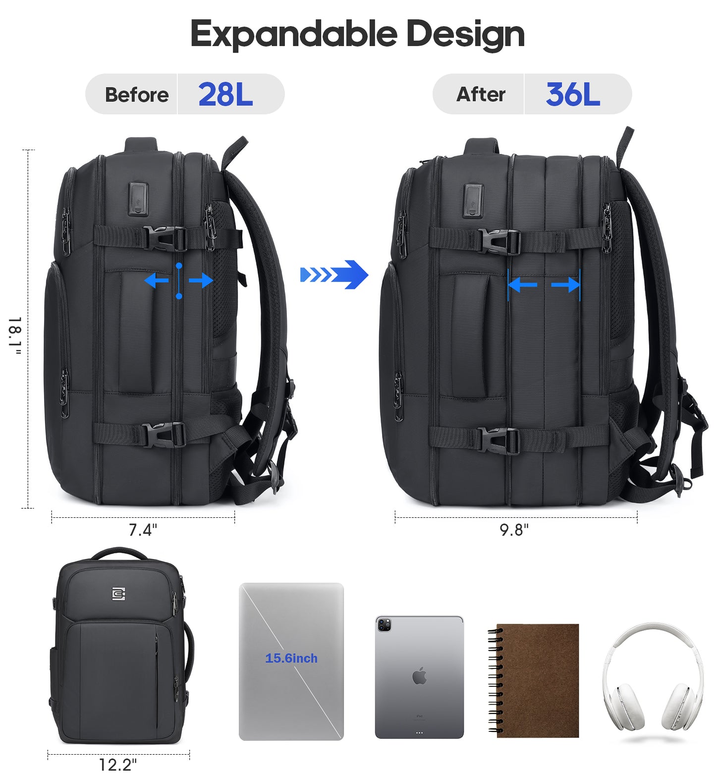 UKEIN Travel Backpack for Adults with USB Charging Port 36L Expandable Carry On Backpack Water-resistant Business Travel Backpack for Men
