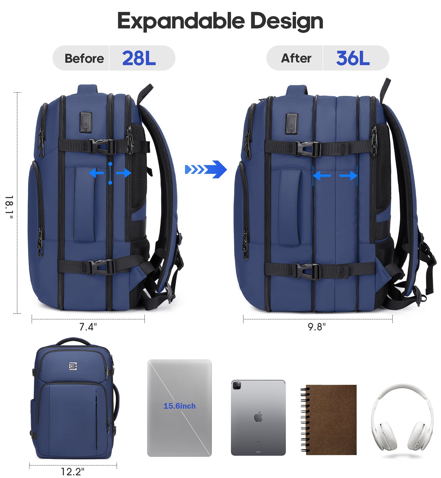 UKEIN Travel Backpack for Adults with USB Charging Port 36L Expandable Carry On Backpack Water-resistant Business Travel Backpack for Men