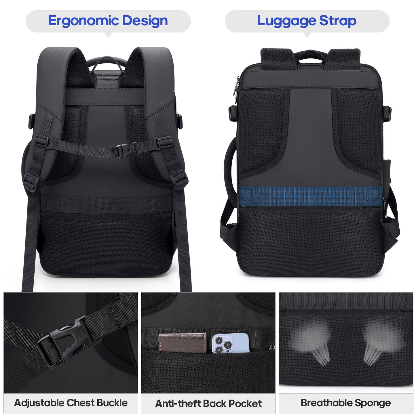 UKEIN Travel Backpack for Adults with USB Charging Port 36L Expandable Carry On Backpack Water-resistant Business Travel Backpack for Men