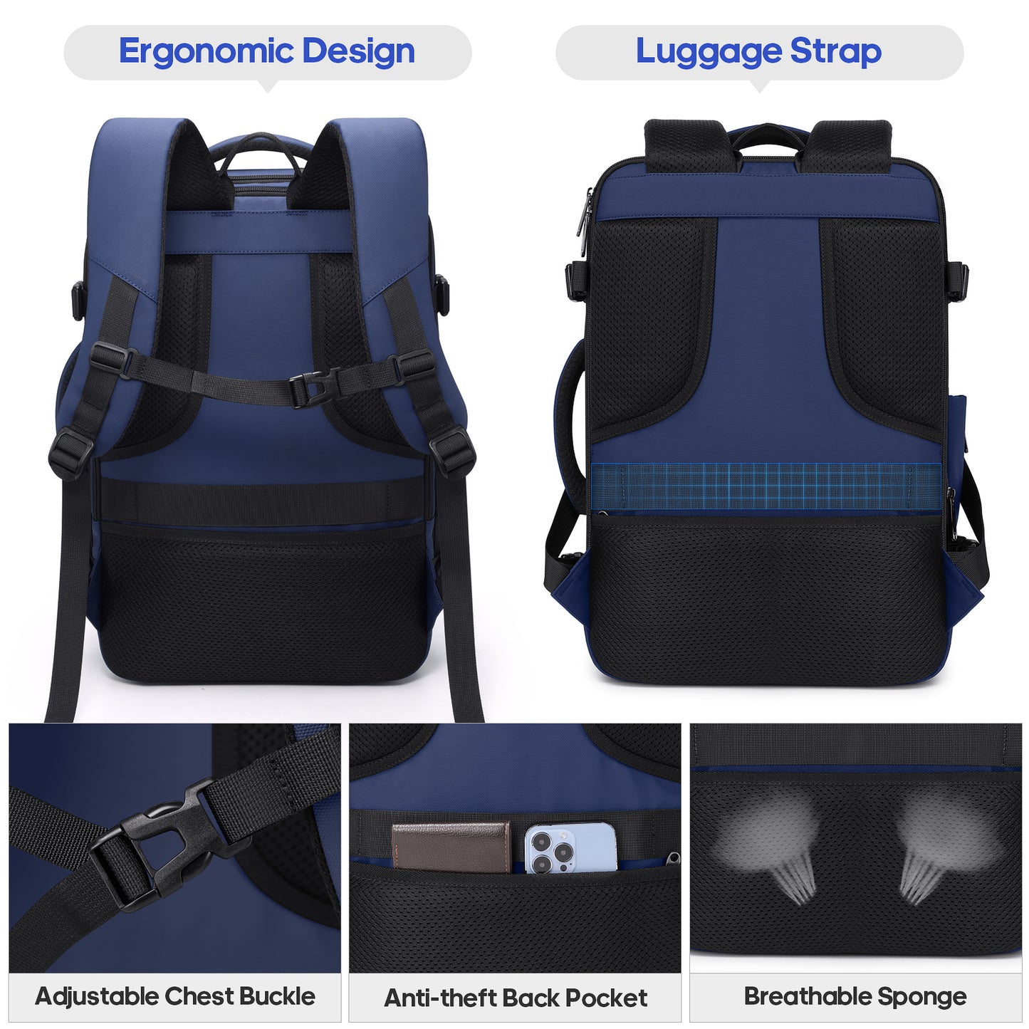UKEIN Travel Backpack for Adults with USB Charging Port 36L Expandable Carry On Backpack Water-resistant Business Travel Backpack for Men