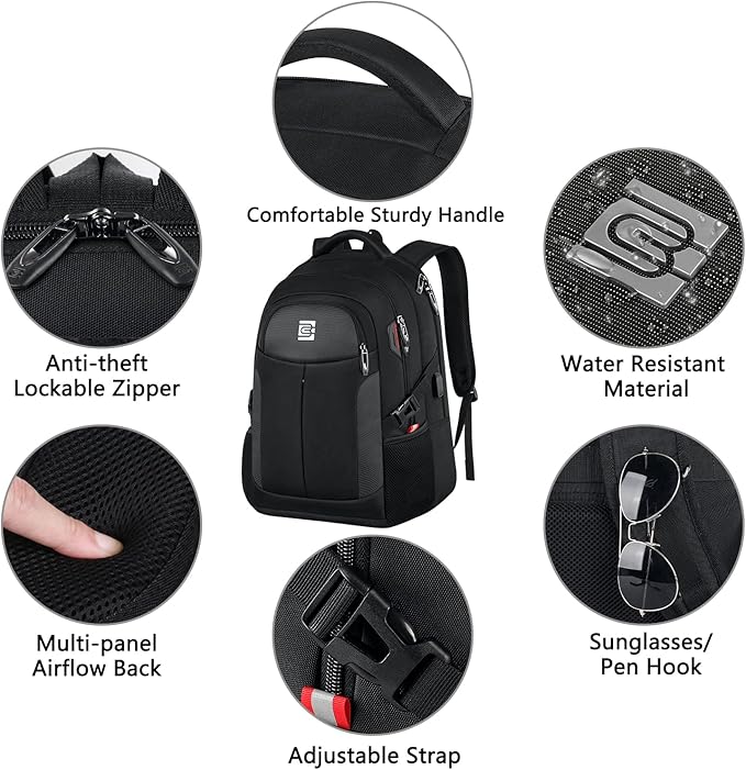 UKEIN Backpack for Adults Black Backpack with USB Charging Port Laptop Backpack Water Resistant Work Business Backpack for Men