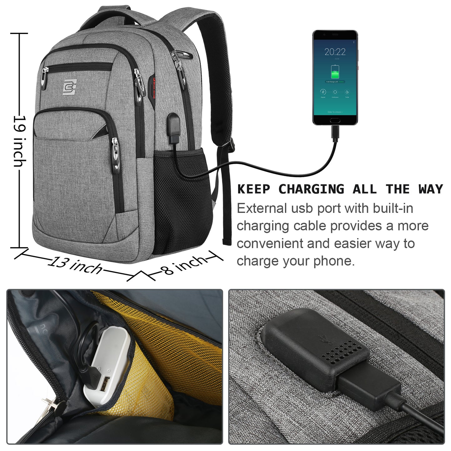 Laptop Backpack,Business Travel Anti Theft Slim Durable Laptops Backpack with USB Charging Port,Water Resistant College Computer Bag for Women & Men Fits 15.6 Inch Laptop and Notebook - Grey